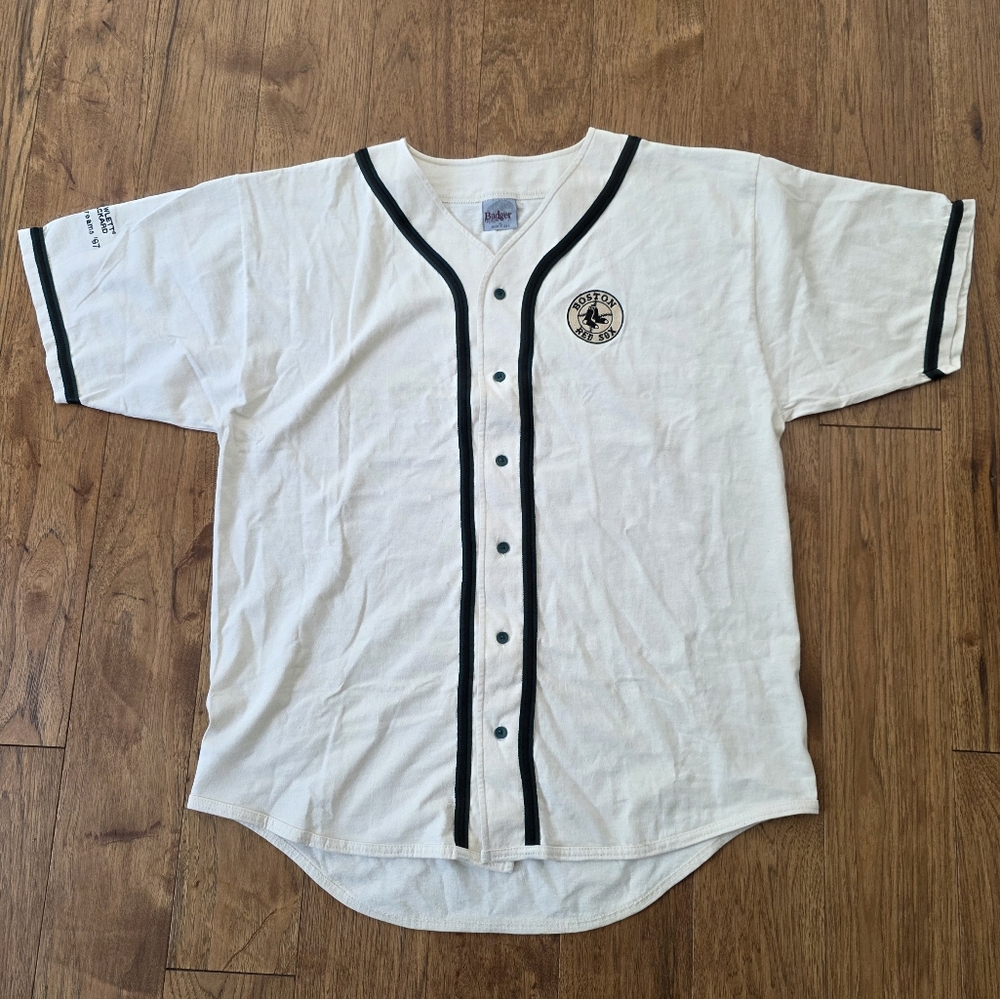 Vintage Badger Red Sox 100% Cotton Cream/Green Throwback Baseball Jersey. XL